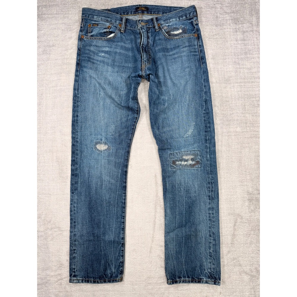 Polo Ralph Lauren Jeans Mens 32x32 Blue Denim Sullivan Slim Distressed Patched